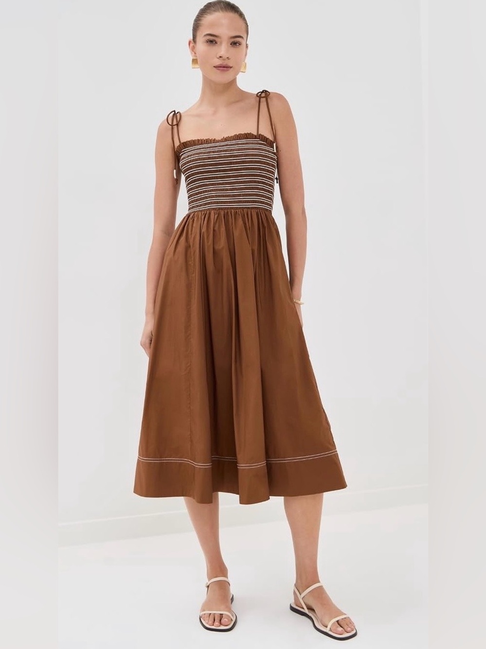 NEW Veronica Beard Kaela Smocked Midi Dress in Brown Whisky, Size L